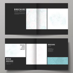 The black colored vector illustration of editable layout of two covers templates for square design bifold brochure, magazine, flyer, booklet. Topographic contour map, abstract monochrome background.