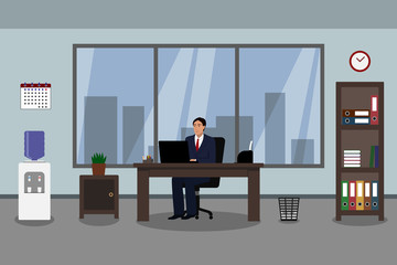 Asian businessman working in his office. Vector illustration.