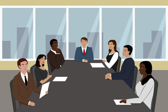 Businessman and his employees seating at meeting table. Vector illustration.