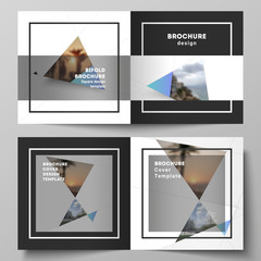 The vector layout of two covers templates for square design bifold brochure, magazine, flyer, booklet. Creative modern background with blue triangles and triangular shapes. Simple design decoration.