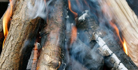 Fire. Closeup of pile of wood burning with flames in the fireplace.