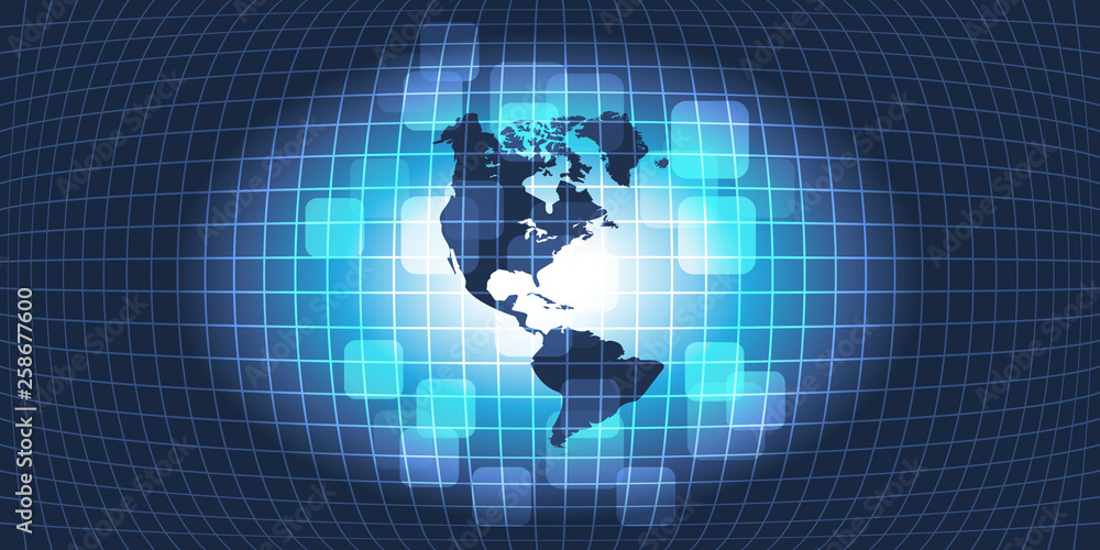 Poster dark global technology, networking and cloud computing design concept with map of america and grid p
