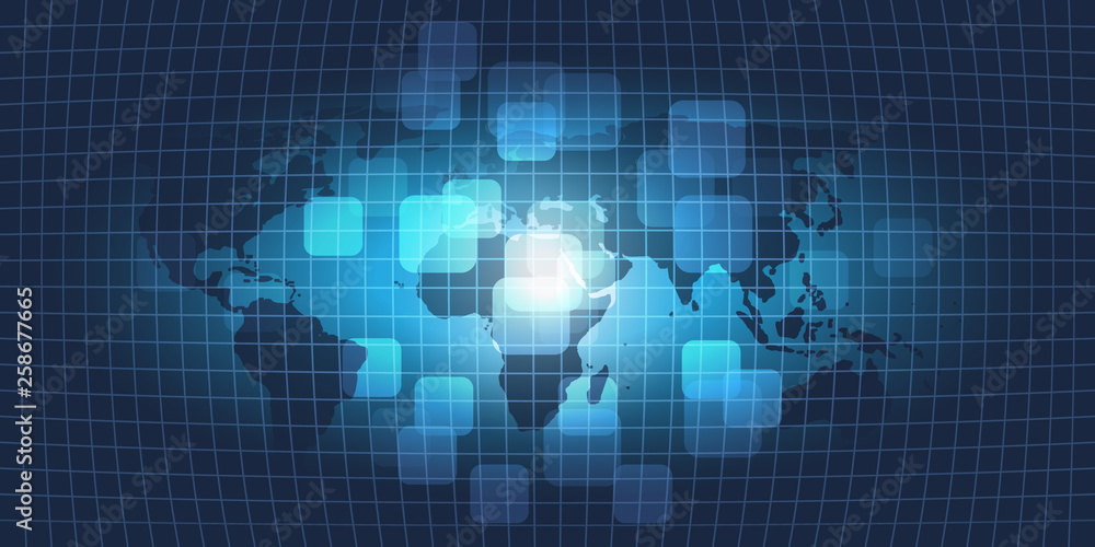 Poster dark global technology, networking and cloud computing design concept with world map and grid patter