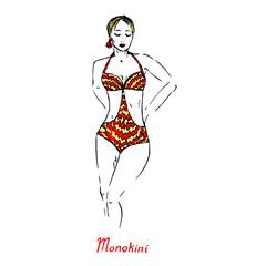 Portrait of sexy retro blonde pin up girl in  striped red and yellow monokini type of one piece swimsuit with inscription, hand drawn outline doodle, sketch in pop art style,  vector illustration