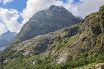 Panorama view of mountains scene in national park of Dombay, Caucasus, Russia
