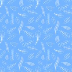 Different white exotic feathers on blue, seamless pattern