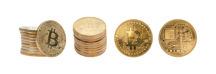 Set of gold bitcoin, cryptocurrency isolated on white background - clipping paths.