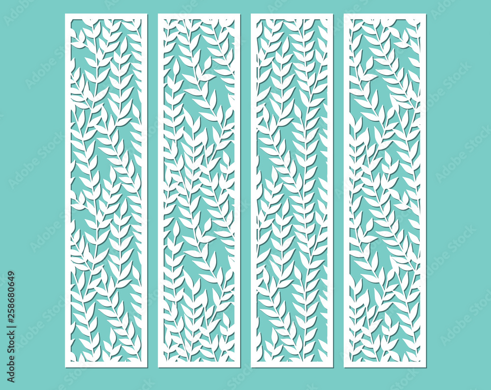 Wall mural Laser cut decorative lace borders patterns. Set of bookmarks templates with pattern ov leaves. Cabinet fretwork panel. Lasercut metal screen. Wood carving. Vector.