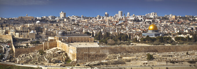 Panoramic view to Jerusalem old city from the Mount of Olives, Israel