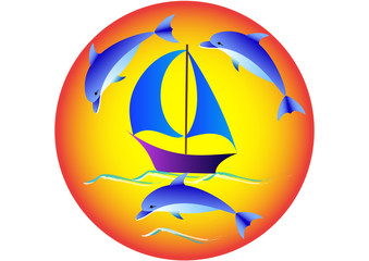 Colorful logo of sea recreation on the sea - dolphins on the background of the sun, water, yacht, sailboat - a man's dream.