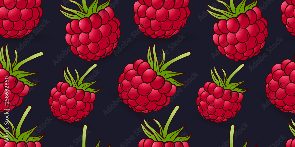 Wall mural seamless pattern of raspberry on dark blue