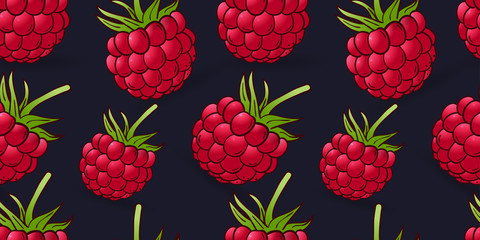 seamless pattern of raspberry on dark blue - obrazy, fototapety, plakaty