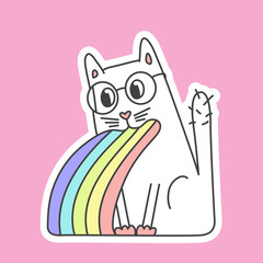 cute cat in glasses in kawaii style puke rainbow