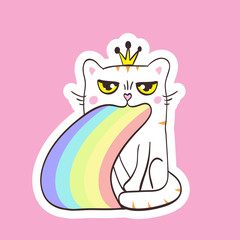 cartoon cute cat in crown in kawaii style puking rainbow
