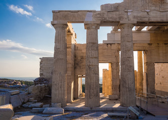 View of Propylaea entrance gateway from Acropolis in Athens, Greece against blue sky