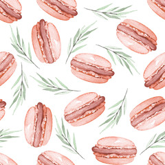 Watercolor seamless pattern of tasty macaroons. Hand drawn french dessert. Can be used in a logo, cards, posters, print, menu, sign and design compositions