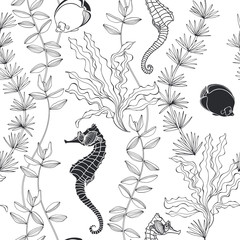 Seamless vector pattern with algae,sea horse and fish. Abstract underwater background. © maritime_m