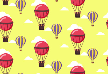 seamless pattern of flying pink balloons on yellow background