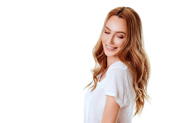 Portrait of a pretty smiling woman posing isolated on a white background