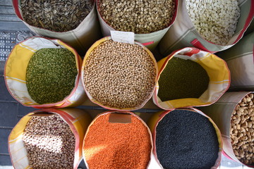 Sacks with Legumes Beans Market - Different types of beans	