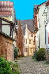 scenic old road with cobble stone and half timbered houses in Marktheidenfeld, Germany