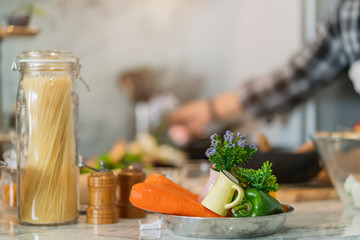 vegetable on cooking island pantry kitchen area homeinterior background concept