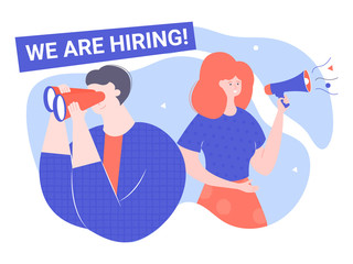 Man looks through binoculars. Woman speaks into a loudspeaker. Employee search, recruitment, teamwork, brainstorm. Vector illustration for web pages and printed materials.