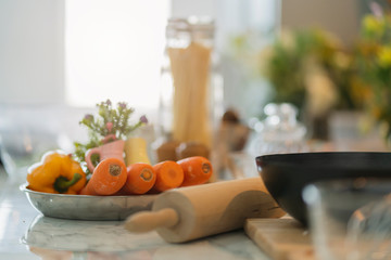 vegetable on cooking island pantry kitchen area homeinterior background concept