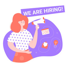 Cute girl speaks into a loudspeaker. We are hiring concept. Website, letters and light bulbs icons. Vector illustration for websites and banners.Bright purple background.