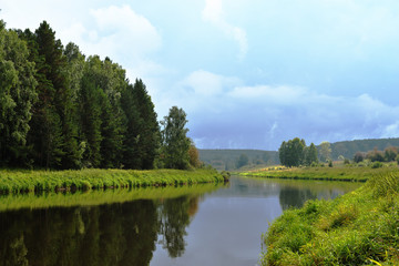 landscape with lake and blue sky