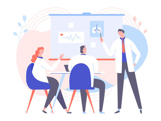 Group of doctors in white coats at the meeting. Diagnosis and treatment of diseases. Board with information about the patient. Vector illustration.