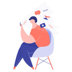 Male character is sitting in a chair, holding a mobile phone. Around the icons: play button, message, new email. Vector illustration. 