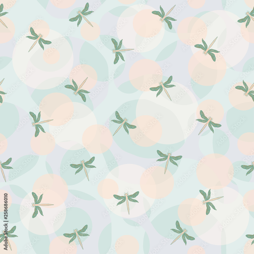 Poster Modern template for fabric design with dragonflies. Seamless vector background. Abstract vector background with dragonflies. Cartoon vector illustration. Colorful modern background design.