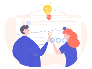 Man and woman analyze data and statistics. Colleagues stand back by the dashboard. Startup and business. Sharing ideas. Vector illustration.