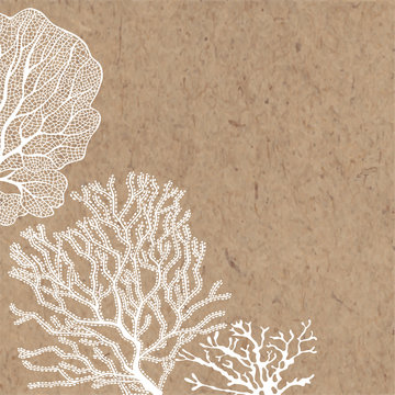 Vector background with hand-drawn corals on kraft paper. Botanical illustration with water plants and space for text, can be used creating card or invitation card. Corner composition.