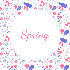 Inscription "Spring" surrounded by flowers. Bright seasonal design for banners or print on clothes.