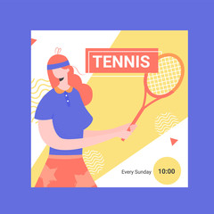 Banner for competitions or training in tennis. Female player with a racket. Square shape for social networks. Vector illustration.