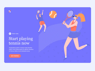 Concept template hero image for landing page. A couple playing on the tennis court. Coach and student. Sports and active hobby, court rental. Trendy vector illustration.