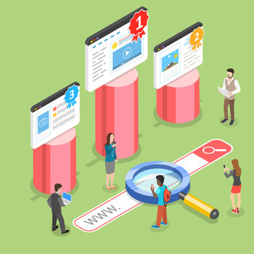 Flat Isometric Vector Concept Of Seo Ranking, Website Optimization Marketing, Web Analytics, Search Engine.