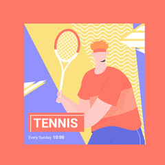 Banner for competitions or training in tennis. Male player with a racket. Square shape for social networks. Vector illustration.