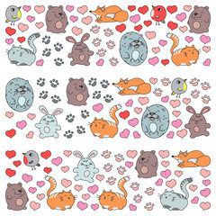 Fototapeta premium Vector set of beautiful round icons in the form of wild animals for children and design, print, cat ,bear, fox, bird ,hare or rabbit. Round animals with caption on white background.