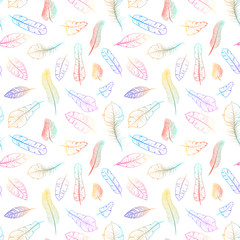 Different colorful exotic feathers on white, seamless pattern