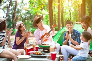 happy young friends group enjoying picnic party and camping