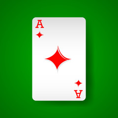 Obraz premium Game poker card ACE of diamonds with a shadow on a green background, realistic vector illustration
