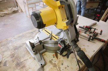 Circular saw in the carpentry workshop