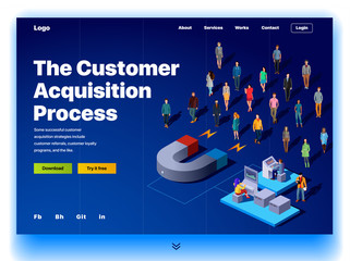 Website providing the service of the customer acquisition process. Concept of a landing page for customer acquisition process. Vector website template with 3d isometric illustration magnet and client