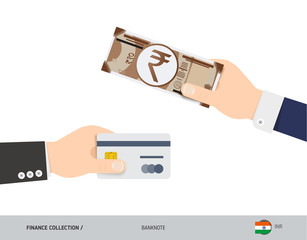 Hand giving 10 Indian Rupee and credit card instead. Flat style vector illustration. Business finance concept.