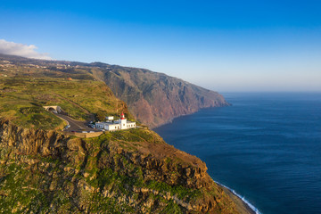 Lighthouse at Ponto do Pargo, Madeira, Portugal. Scenic landscape.