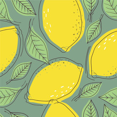 Fresh lemons, leaves background. Hand drawn overlapping backdrop. Colorful wallpaper vector. Seamless pattern with citrus fruits. Decorative illustration, good for printing - 258689471