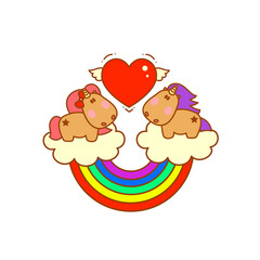 Cute magical unicorns on clouds with rainbow fall in love. Beautiful cartoon character for your design. 